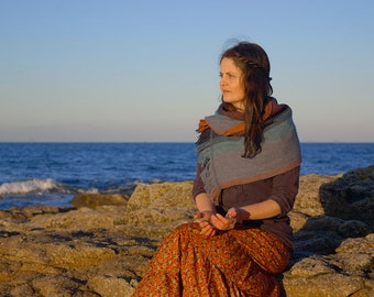 Bright Sea scarf handwoven in turquoise, blue, orange and red Shetland type wool