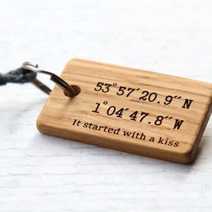 Latitude longitude engraved keychain. Custom Personalised. Handmade in UK. Wood  GPS coordinates key ring.  Laser Engraved wood keyring