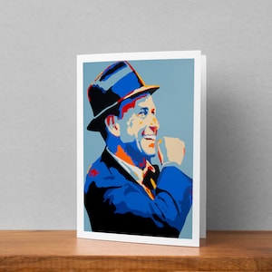 May include: A colorful pop art illustration of a man wearing a blue hat and a blue suit jacket. The man is smiling and looking to the right. The background is a light blue color.