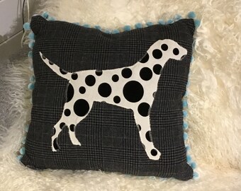 Dalmatian cushion - handmade designer black and white velvet dog on charcoal check pillow with aqua pompoms with feather inner. 18x18"