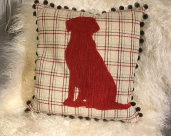 Labrador cushion - tartan tweed cushion pillow with red chenille dog and  grey pom-poms with feather inner. 18" square.