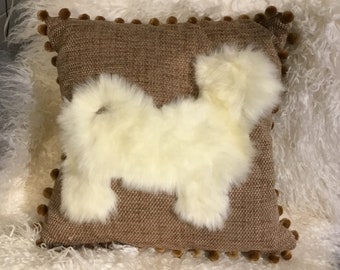 Fluffy white dog cushion - handmade white maltese/Shih Tzu/Bichon/Bolognese on tan tweed pillow with tab pompoms with feather inner. 18x18"