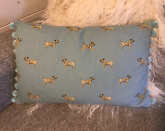Border Terrier cushion - duck egg blue pillow with blue pompoms 12x18”