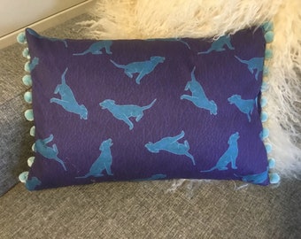 Labrador cushion - gundog pillow blue turquoise pompoms 12x18”