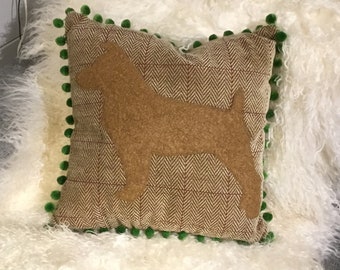 Terrier cushion - handmade designer brown woolly dog on tan tweed pillow with green pompoms with feather inner. 18x18"