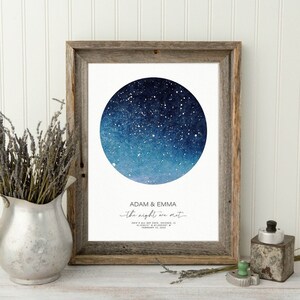 May include: A framed print featuring a watercolor depiction of a starry night sky in shades of blue. The print includes the names "ADAM & EMMA" and the phrase "the night we met" along with a date. A metal pitcher with dried lavender is to the left.
