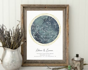Mapa de estrellas personalizado por cartel de fecha, disponible enmarcado, idea de regalo única, impresión de constelación, regalo de primer aniversario, regalo de boda, regalo para hombres