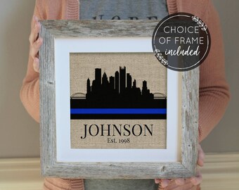 Police Officer Gift | Skyline Police Gifts | Choose A City | Police Academy Graduation Gift | Father's Day Gift | Thin Blue Line Family Name