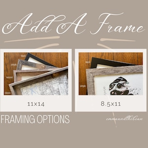 May include: Two framed images with different sizes and framing options. The image on the left is 11x14 and shows a map. The image on the right is 8.5x11 and shows a dog with a Santa hat. Both images have a rustic wood frame with a black mat. The text 