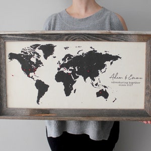 Cotton Push Pin Map, Personalized Travel Map, World Map, Second Anniversary Cotton Gift, Family Vacation, Map Tracker, Engagement Gift