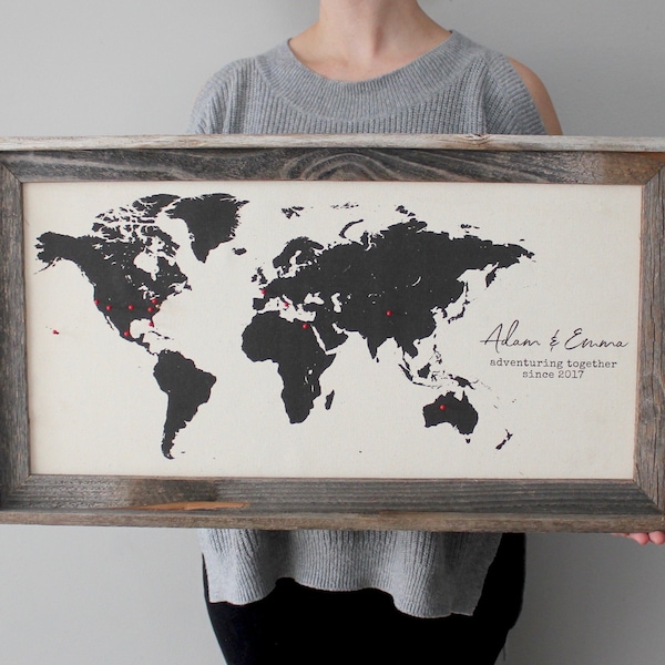 Personalized Cotton Push Pin World Map, Barnwood Frame, Travel Tracker