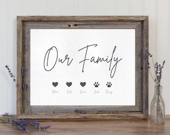 Personalized Our Family Print with Dog, Cat, Animal Paw Prints, Wall Art Print, Home Decor Family Gifts, Personalized Prints Home Gifts