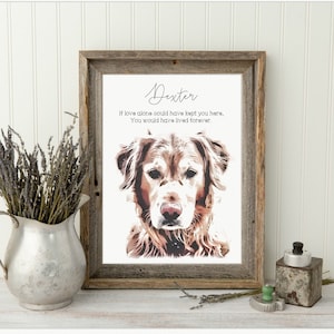 May include: A framed print with a watercolor painting of a golden retriever dog. The print has the text "Dexter" and the quote "If love alone could have kept you here, You would have lived forever."