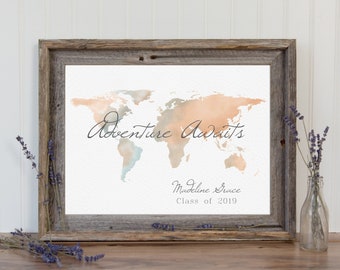 Graduation gift for her, Personalized gift for graduation, Class 0f 2019, Watercolor world map wall art, Going away gift, Graduation Gifts