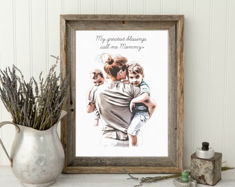 Mother’s Day Gift for Mom and Children | Mom gift from Daughter, Birthday Gift Idea, Family Portrait, Mom illustration