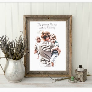 Mother’s Day Gift for Mom and Children | Mom gift from Daughter, Birthday Gift Idea, Family Portrait, Mom illustration