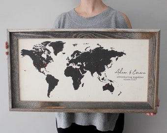 Personalized Cotton Push Pin World Map, Barnwood Frame, Travel Tracker