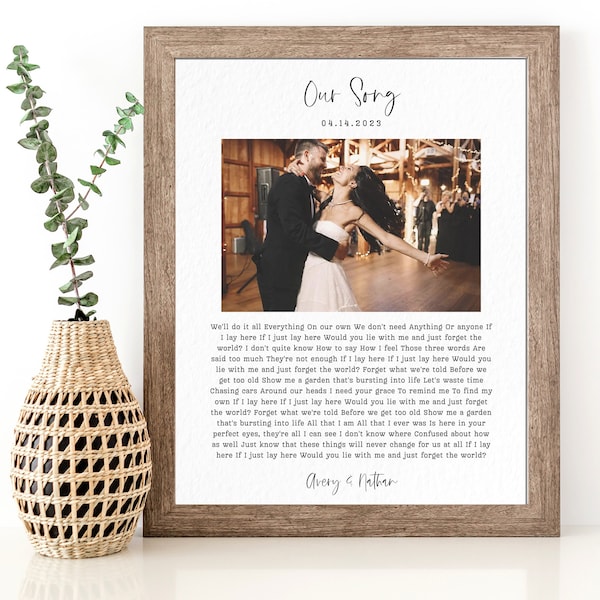 First Dance Song with photo, Wedding Gift Song Lyrics, 1st Anniversary Gift, Gift for Her, One Year Anniversary Gift, Wedding vows wall art