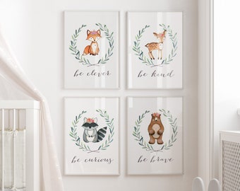 Woodland Nursery Prints | Baby Girl Woodland Nursery | Be Clever Be Kind Be Brave | Woodland Animals | Watercolor Prints | Set of Four