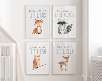Set Of 8 Woodland Animal Prints - 5x7 Forest Nursery Wall Art For Kids Room Decor (Hedgehog, Fox, Bear, Deer)