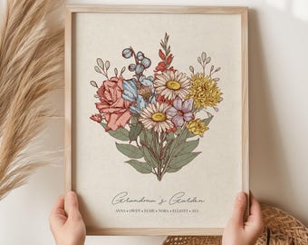 Grandma Gift for Grandma Birth Flower Bouquet Personalized Gift Custom Mothers Day Gift Personalized Garden Print Birth Month Flower Art