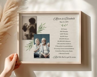 May include: A framed print with two photos and text celebrating a 50th wedding anniversary. The text reads "Adam & Elizabeth May 14, 1975" and lists the number of years, months, weeks, days, hours, and minutes they have been married. It also lists the number of children, grandchildren, and great-grandchildren they have. The text ends with "And the best is yet to come."