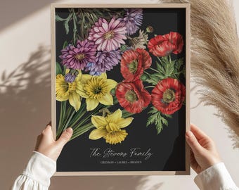 Vintage Moody Birth Flower Bouquet Birthday Gift for Mom Personalized Gift for Grandma Mom Birthday Gift for Her Custom Gift for Mom