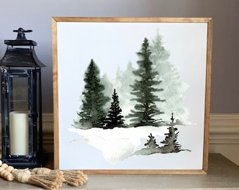 Abstract Evergreen Landscape - Winter Trees Christmas Decor, Christmas Sign, Christmas Wall Art, Snowy Winter Forest Landscape