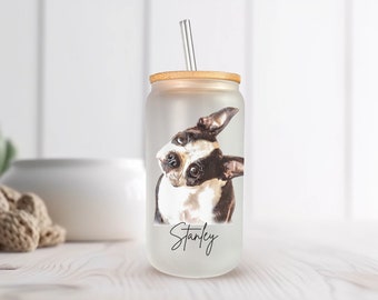 Custom Dog Beer Can Glass with Bamboo Lid, Dog Mom Glass Mug, Dog Lover Gift, Iced Coffee Cup, Pet Portrait Personalized Coffee Glass