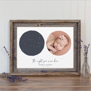 May include: A framed print featuring a dark blue starry night illustration and a baby's photo in a pink circle. The text reads "The night you were born" with a name and date. The frame is made of rustic wood.
