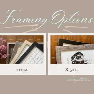 Może przedstawiać: Obraz przedstawiający opcje opraw z tekstem "Framing Options". Wyświetlane są dwa oprawione wydruki, jeden 28x36 cm, a drugi 22x28 cm. Ramki są dostępne w stylu klasycznym, prostym, naturalnym i czarnym. W prawym dolnym rogu znajduje się tekst "emmaandthebean."