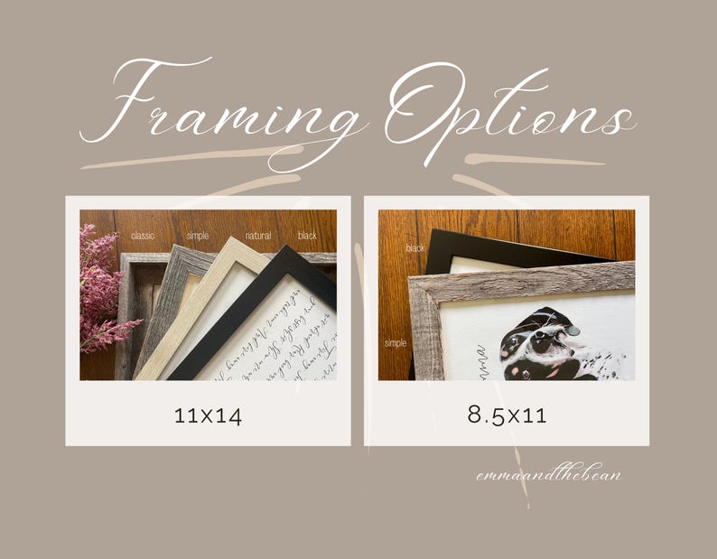 Może przedstawiać: Obraz przedstawiający opcje opraw z tekstem "Framing Options". Wyświetlane są dwa oprawione wydruki, jeden 28x36 cm, a drugi 22x28 cm. Ramki są dostępne w stylu klasycznym, prostym, naturalnym i czarnym. W prawym dolnym rogu znajduje się tekst "emmaandthebean."