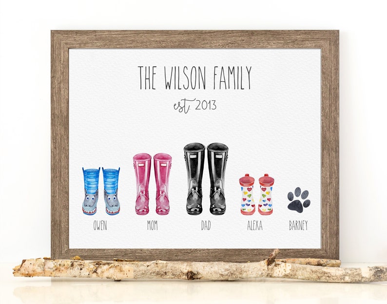 Personalized Family Wellies Print, Family Rainboot Print, New Home Gift, Rain Boots Print, Custom Family Portrait, Personalized Christmas image 1