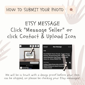 May include: A screenshot of a phone screen showing how to submit a photo for a custom house portrait. The screen shows a message box with the text "New Message" and a camera icon. The text "Click "Message Seller" or click Contact & Upload Icon" is displayed above the phone screen.