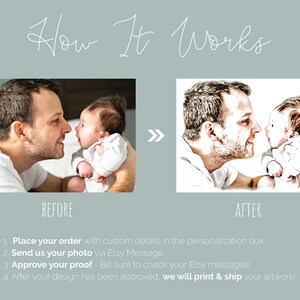 May include: A before and after image showing how a photo of a father and his baby can be turned into a digital illustration. The before image shows a father and his baby looking at each other. The after image shows a digital illustration of the father and baby in a black and white sketch style.