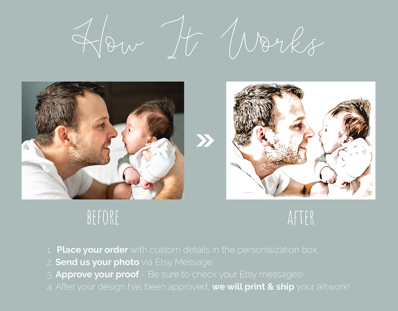 May include: A before and after image showing how a photo of a father and his baby can be turned into a digital illustration. The before image shows a father and his baby looking at each other. The after image shows a digital illustration of the father and baby in a black and white sketch style.