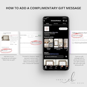 May include: A screenshot of an Etsy shop showing how to add a gift message to an order. The shop is called EmmaAndTheBean and sells Valentine's Day gifts. The text on the screen says "Gifting options that include a gift message".