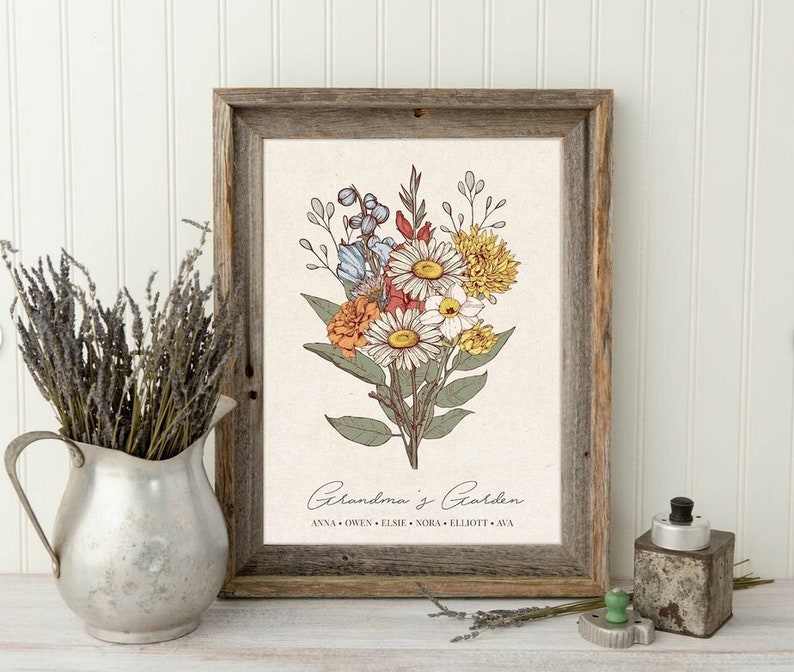 Mothers Day Gift for Grandma Birth Flower Bouquet Personalized Gift Custom Mother Day Gift Personalized Garden Print Birth Month Flower Art image 1