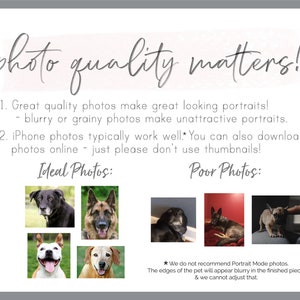 May include: A guide on how to take good quality photos of pets for custom pet portraits. The guide shows examples of ideal photos and poor photos. The text says "photo quality matters!" and "Great quality photos make great looking portraits! - blurry or grainy photos make unattractive portraits. iPhone photos typically work well. You can also download photos online - just please don't use thumbnails!"