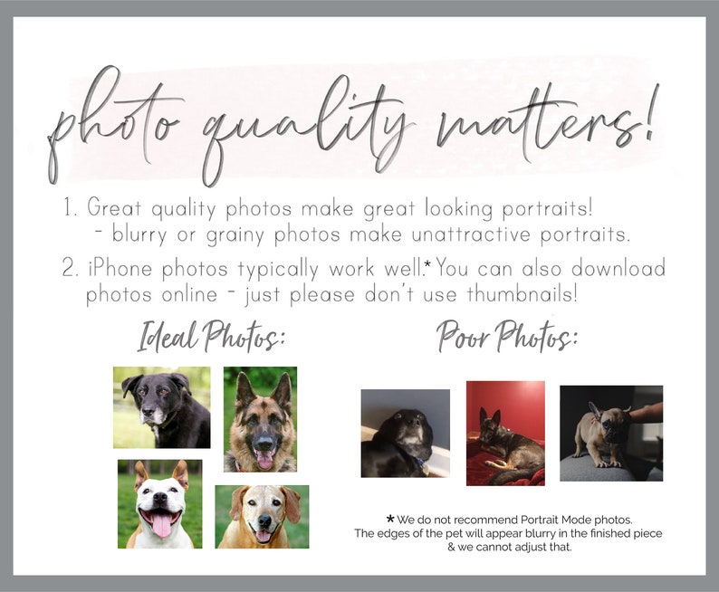 May include: A guide on how to take good quality photos of pets for custom pet portraits. The guide shows examples of ideal photos and poor photos. The text says "photo quality matters!" and "Great quality photos make great looking portraits! - blurry or grainy photos make unattractive portraits. iPhone photos typically work well. You can also download photos online - just please don't use thumbnails!"