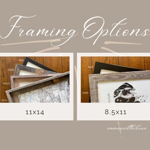 May include: Two different sizes of wood picture frames with different frame styles. The larger frame is 11x14 inches and the smaller frame is 8.5x11 inches. The frames are shown on a wood surface.