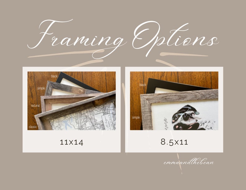 May include: Two different sizes of wood picture frames with different frame styles. The larger frame is 11x14 inches and the smaller frame is 8.5x11 inches. The frames are shown on a wood surface.