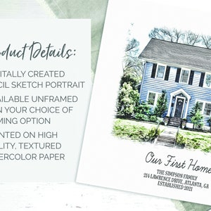May include: A pencil sketch of a blue house with white trim and a green lawn. The text "Our First Home" is below the house, along with the family name, address, and the year the house was established.
