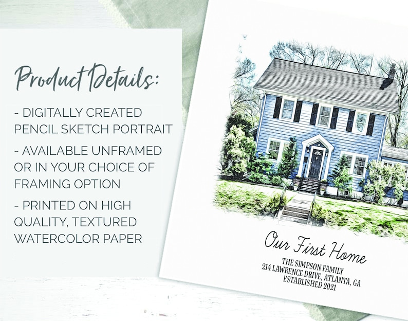 May include: A pencil sketch of a blue house with white trim and a green lawn. The text "Our First Home" is below the house, along with the family name, address, and the year the house was established.