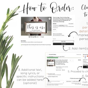 May include: A step-by-step guide on how to order a personalized "This is Us" wood sign. The image shows a mock-up of the sign, a product description, and instructions on how to add personalization details, proceed to checkout, and select shipping options.