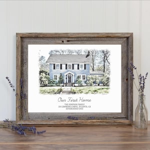 May include: A black and white sketch of a blue house with white trim. The house has a white front door and a white porch. The house is surrounded by trees and bushes. The text "Our First Home" is below the house, along with the family name, address, and the year the house was established.