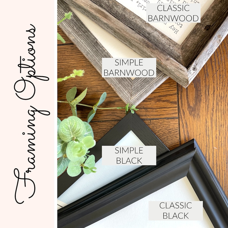 May include: Four different framing options for a print or artwork. The options are: Classic Barnwood, Simple Barnwood, Simple Black, and Classic Black.
