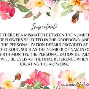 May include: White background with watercolor floral border in pink, yellow, and green. Text reads "Important!" followed by a message about personalization details. The shop name "emmaandthebean" is at the bottom.