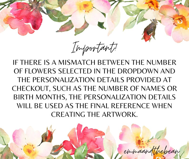 May include: White background with watercolor floral border in pink, yellow, and green. Text reads "Important!" followed by a message about personalization details. The shop name "emmaandthebean" is at the bottom.