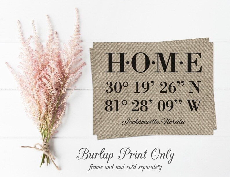 Housewarming Gift HOME Decor Personalized Burlap Print Latitude Longitude Home Sign New Home Housewarming Gift Personalized Closing Gift image 2